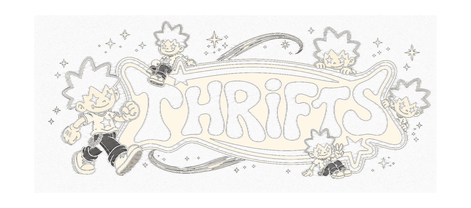 THRIFTS illustrated characters surrounding the brand wordmark